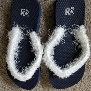 Handmade Soft Fuzzy Embellished Flip Flops Navy